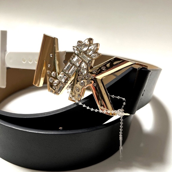NWT Original MICHAEL KORS Bejeweled Studded Belt Medium Rhinestones Gold Black - Picture 3 of 6